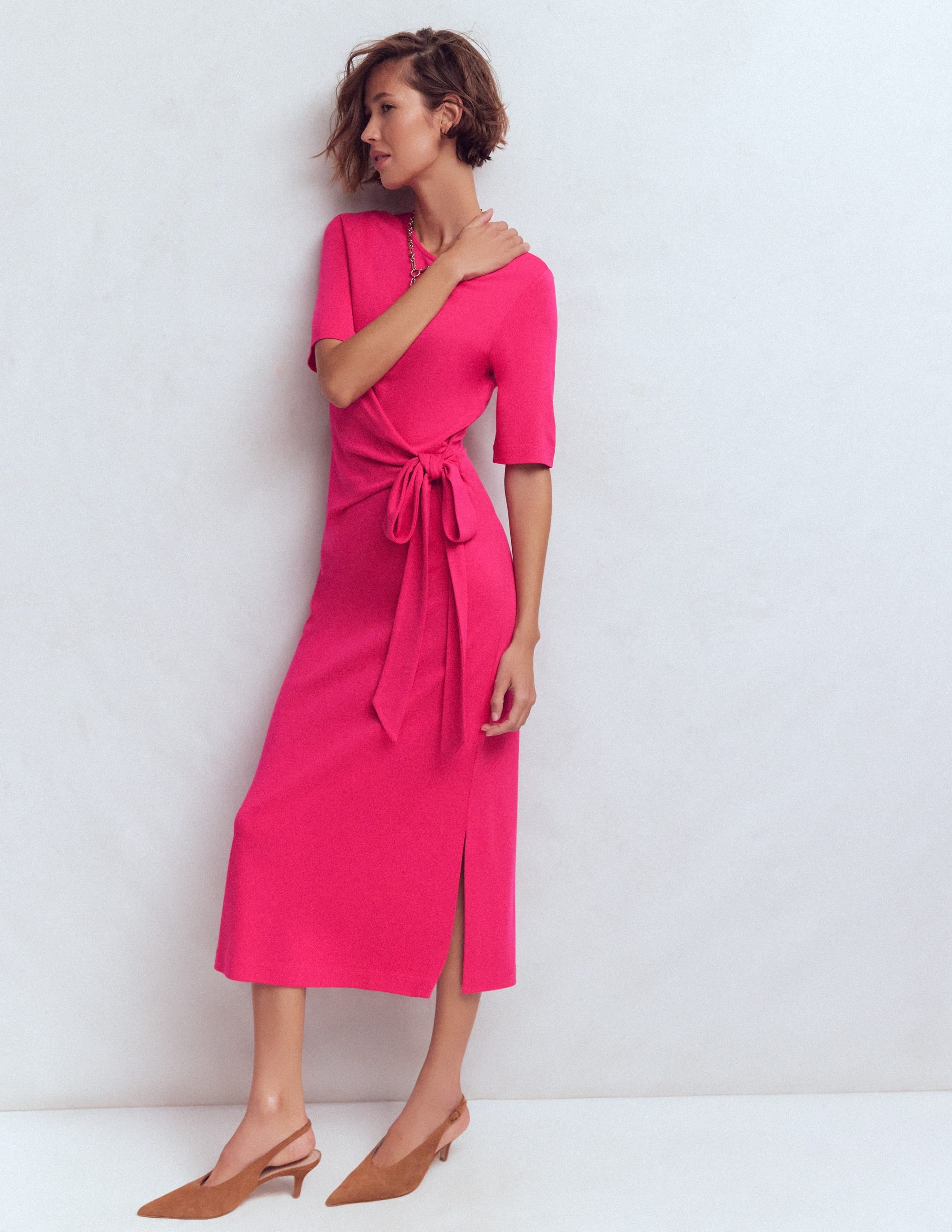 Zinnia Tie Jersey Midi Dress-Vibrant Pink