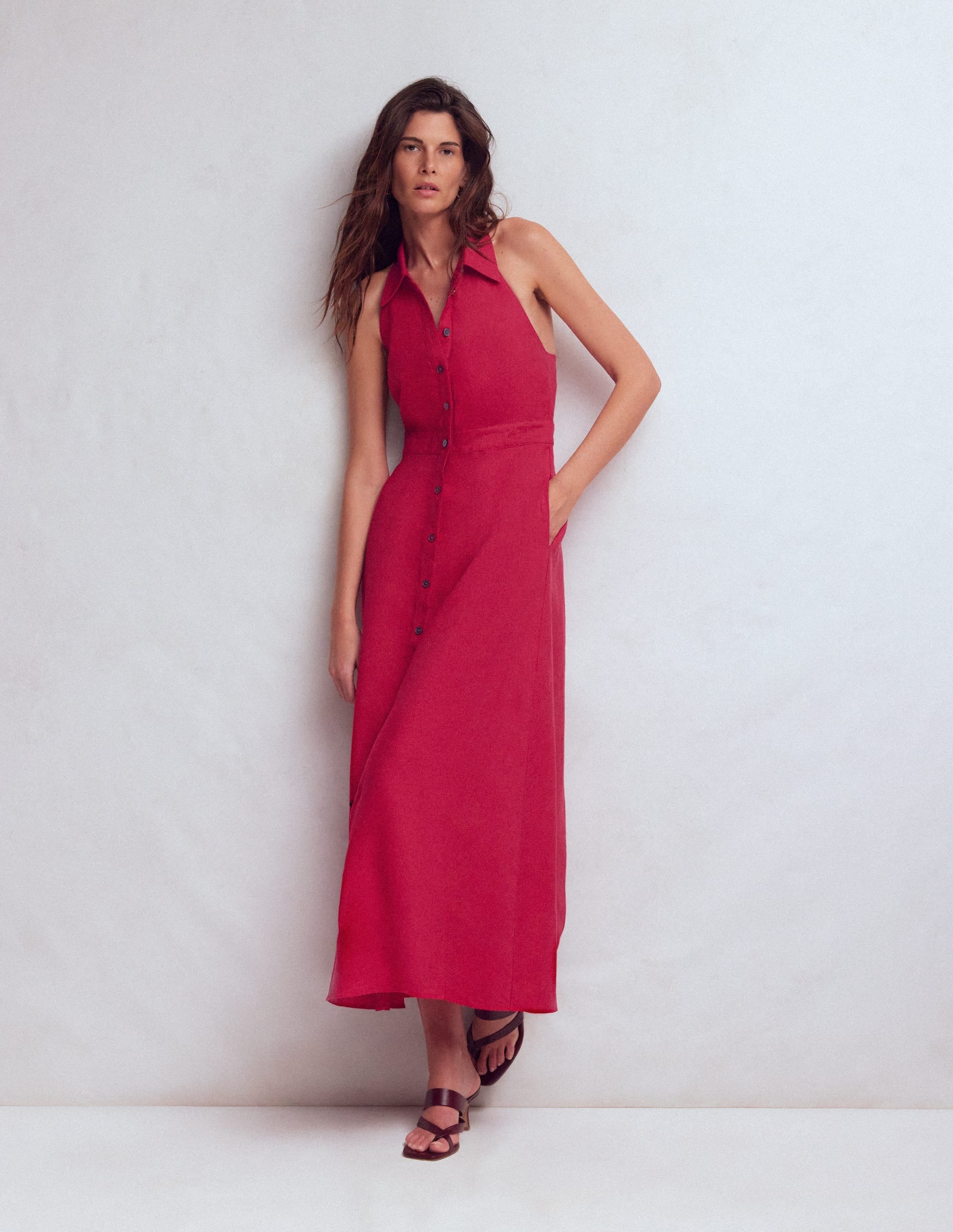 Eva Linen Blend Maxi Dress-Pomegranate