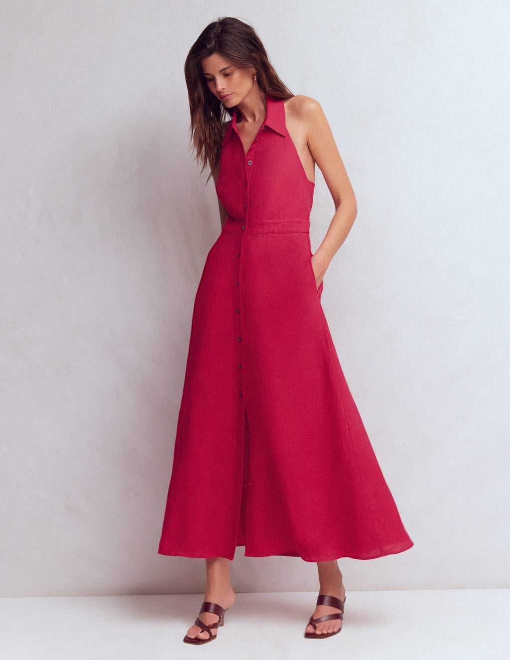 Eva Linen Blend Maxi Dress-Pomegranate
