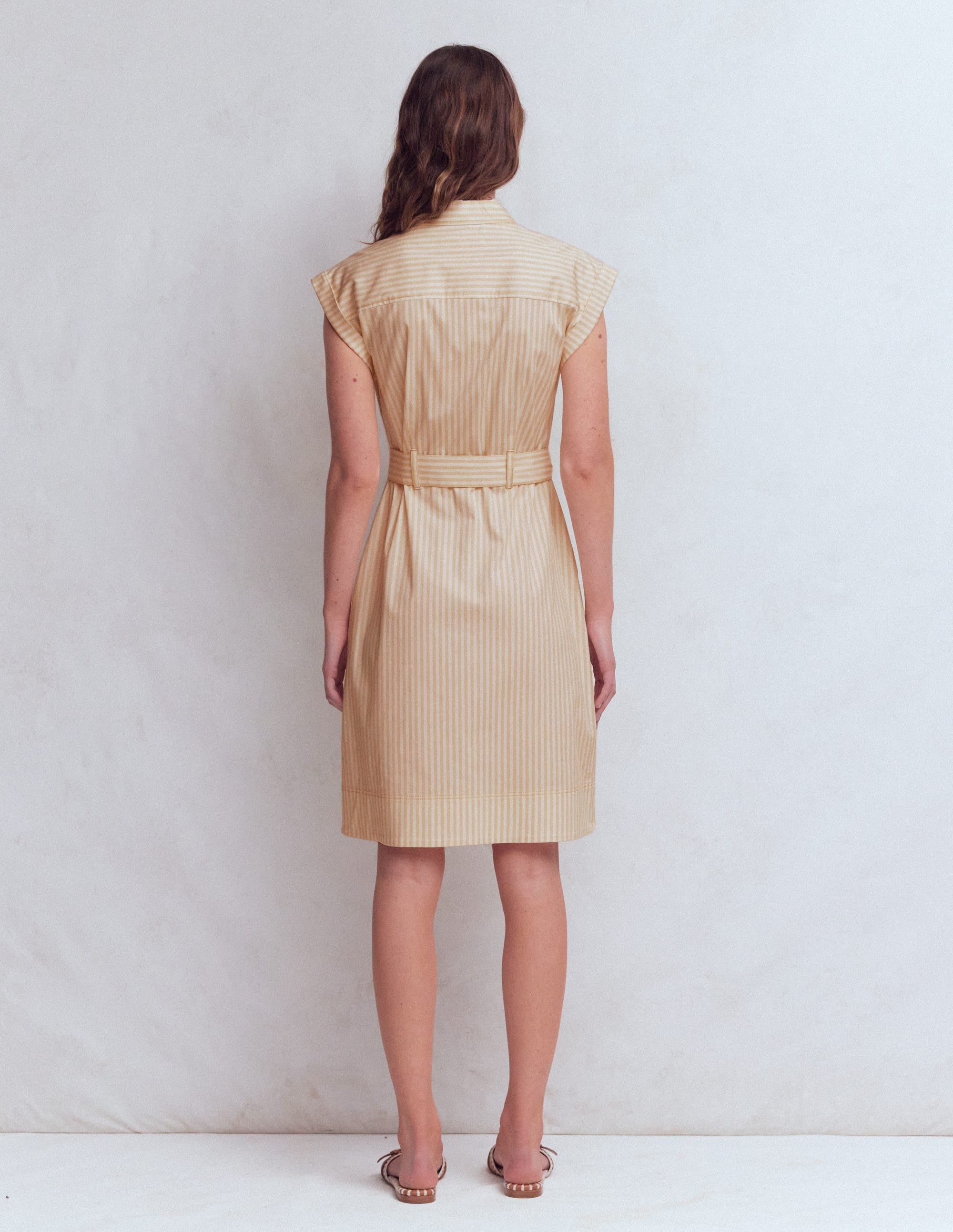 Short Belted Shirt Dress-Brown, Ivory Ticking Stripe
