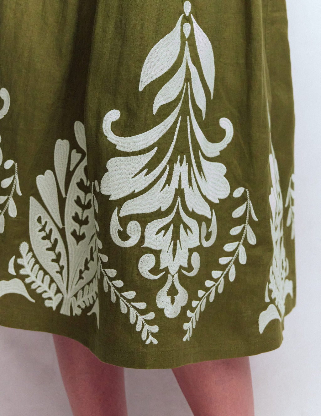 Verity Linen Midi Skirt-Woodland Green Embroidery