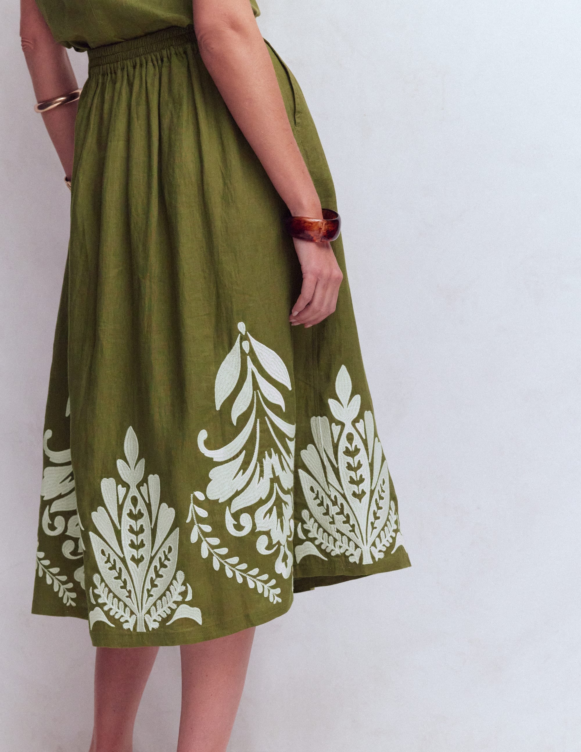 Verity Linen Midi Skirt-Woodland Green Embroidery