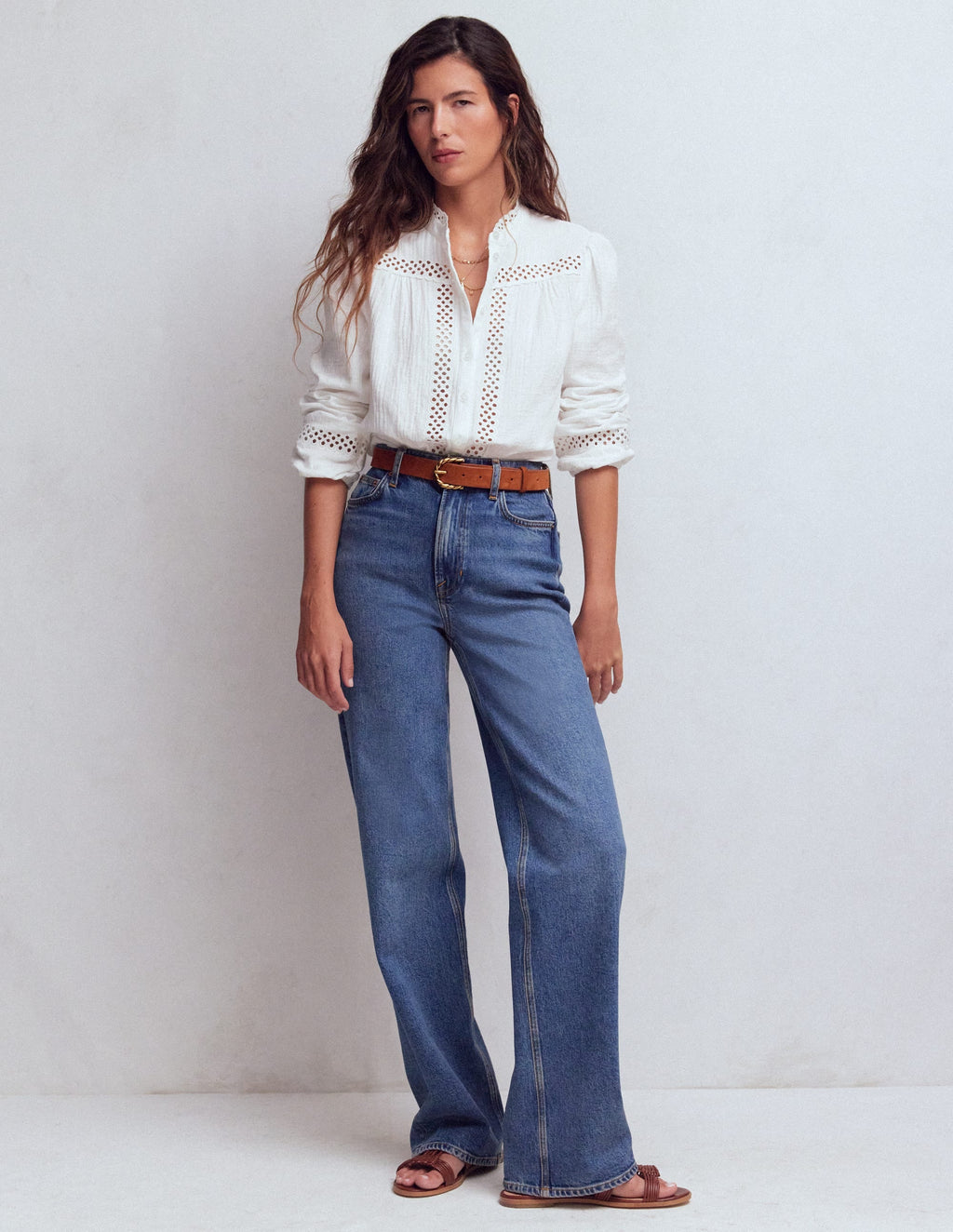 Trim Detail Double Cloth Top-White