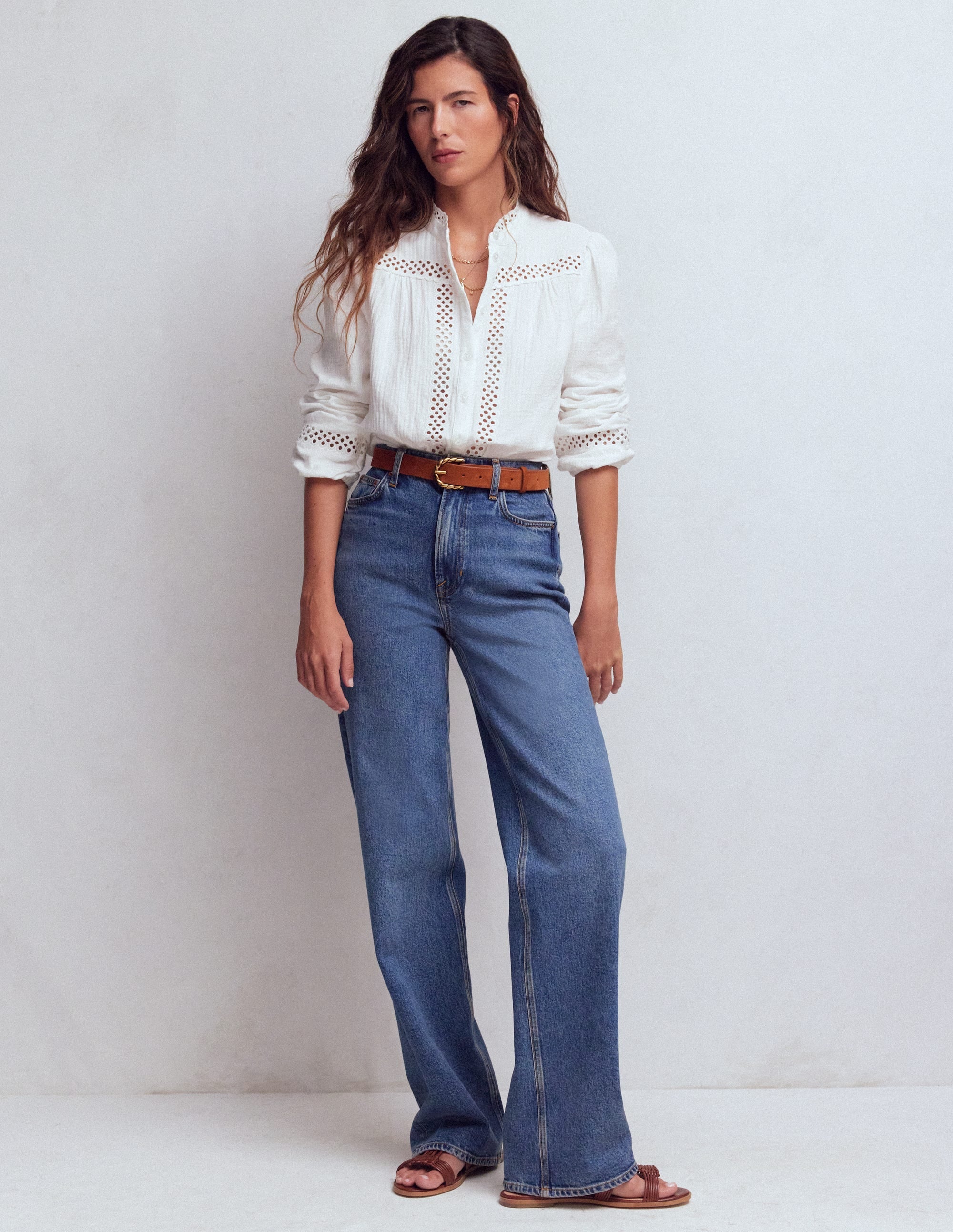 Trim Detail Double Cloth Top-White