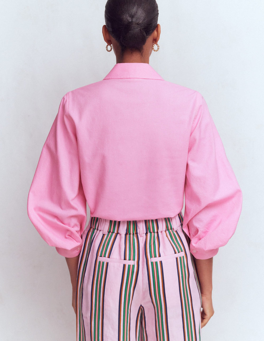 Puff Sleeve Oxford Shirt-Pink