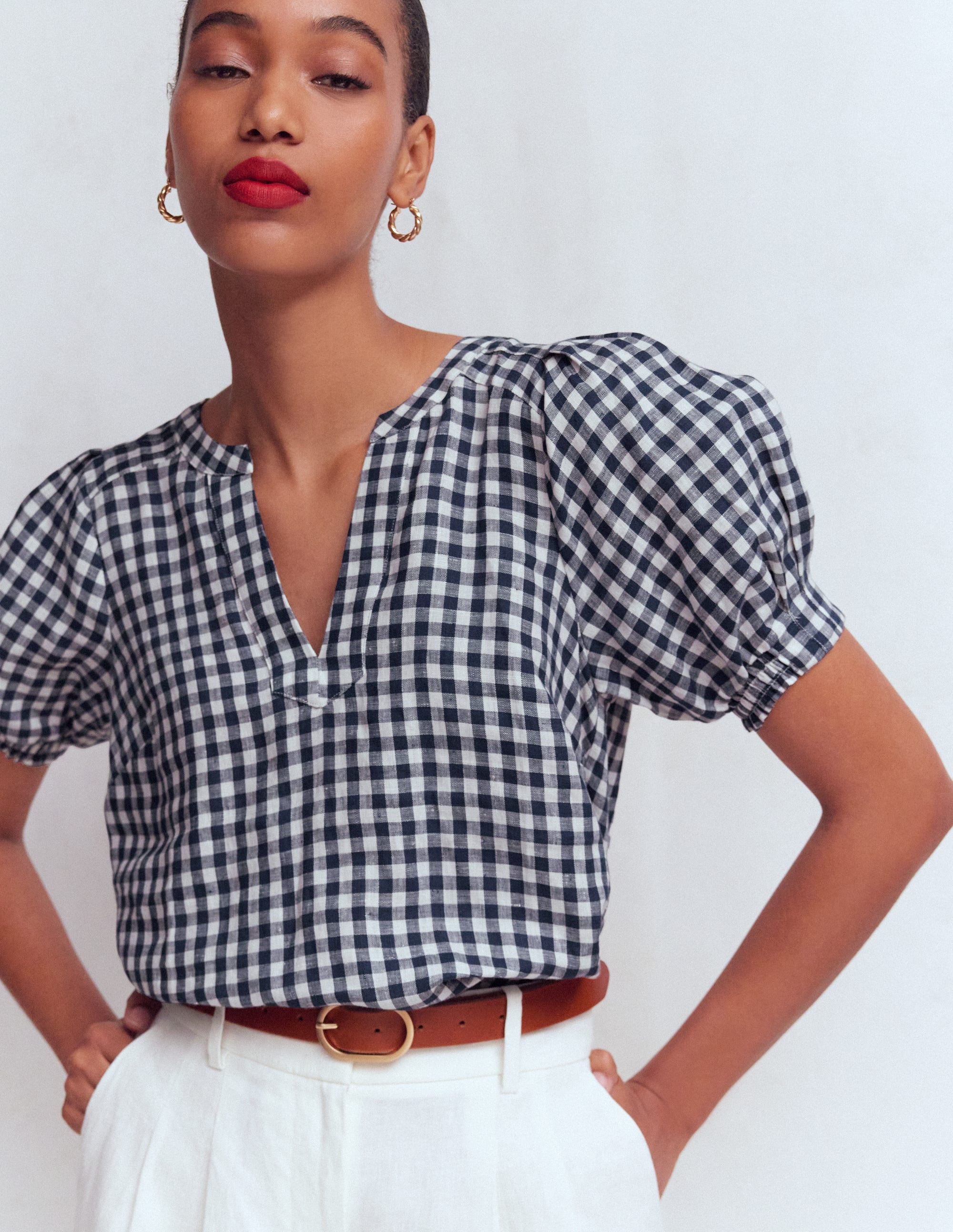 Rae Linen Top-Small Navy Gingham
