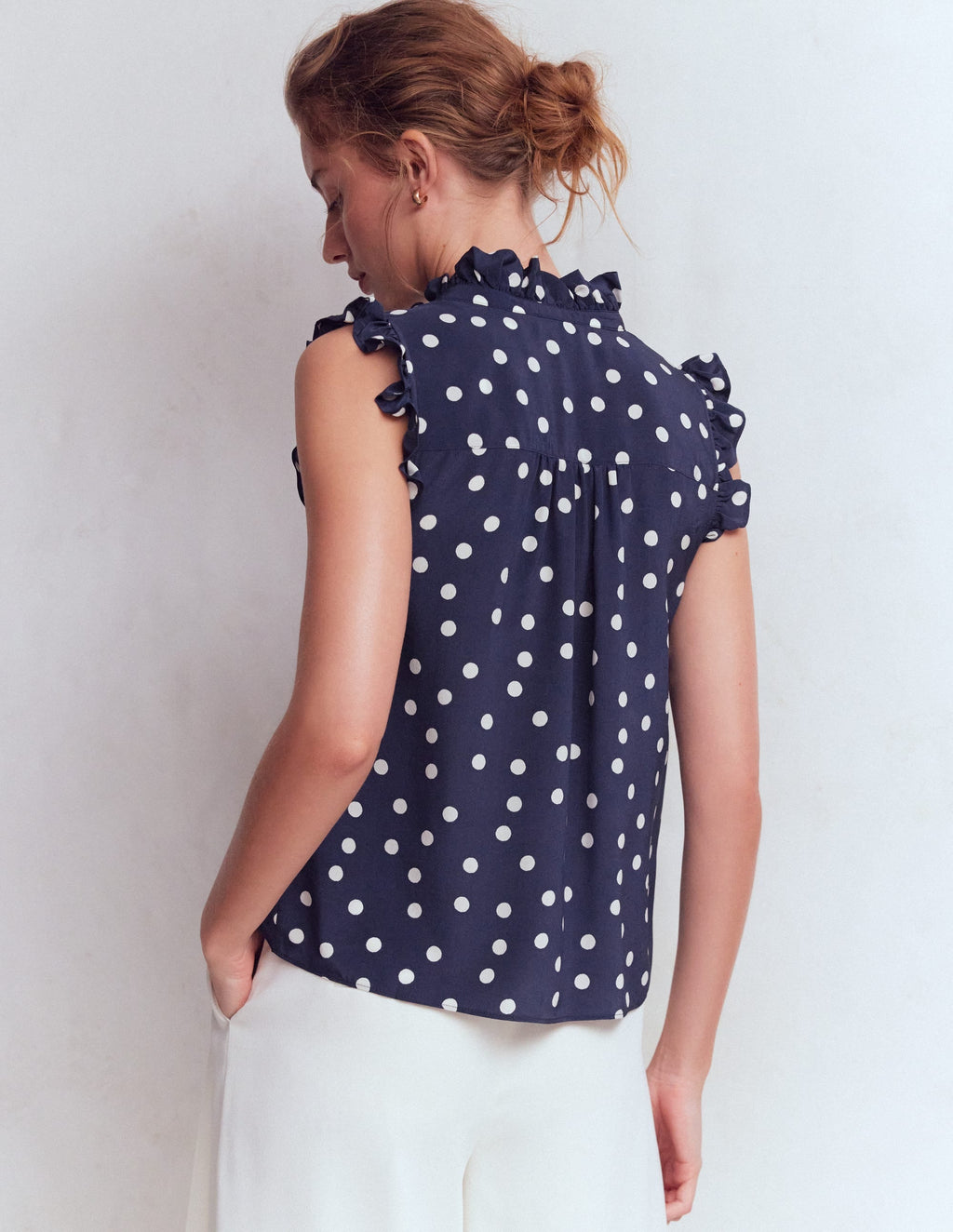 Isabel Sleeveless Silk Top-French Navy, Painted Dot