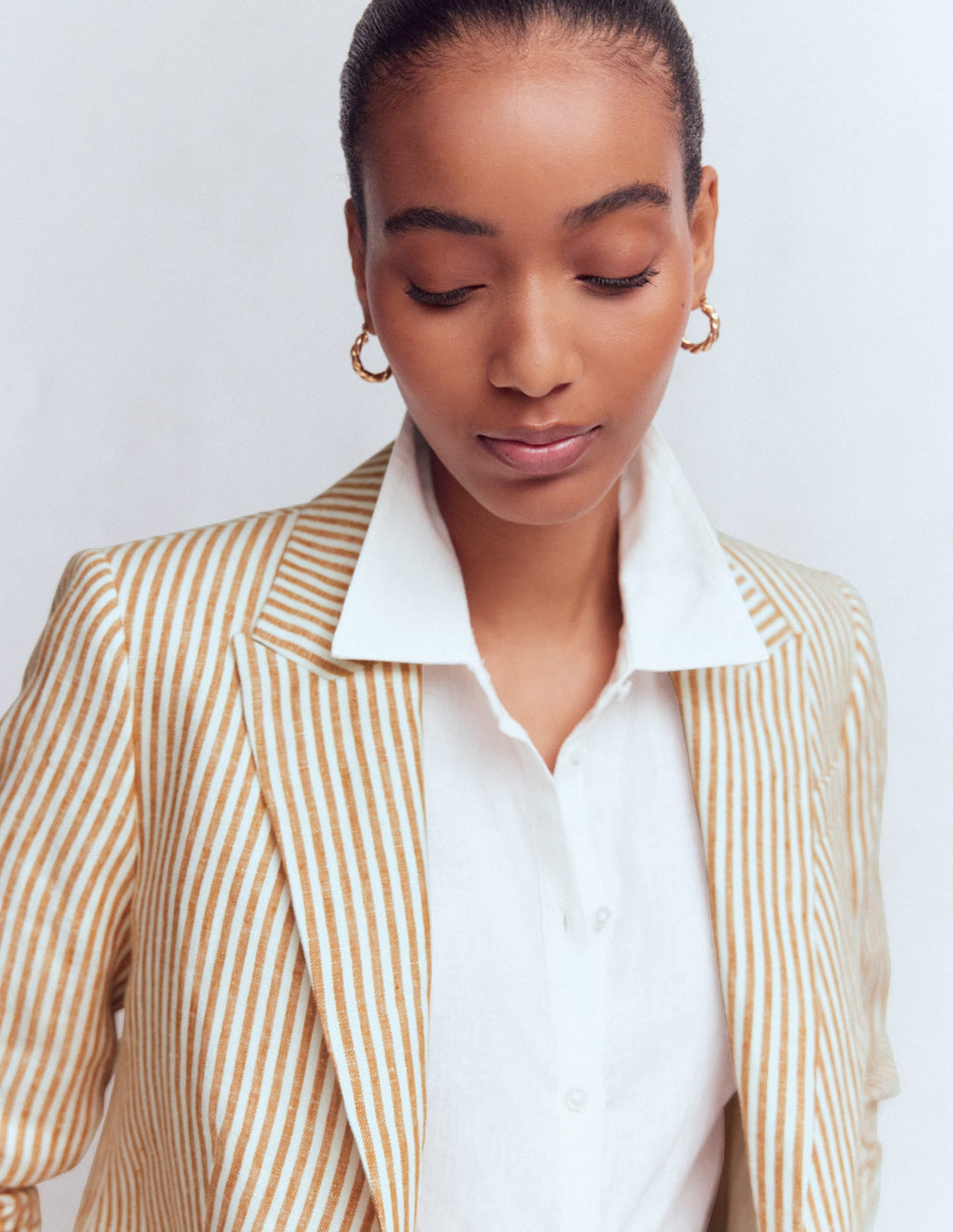 Stamford Linen Blazer-Brown, Ivory Ticking Stripe