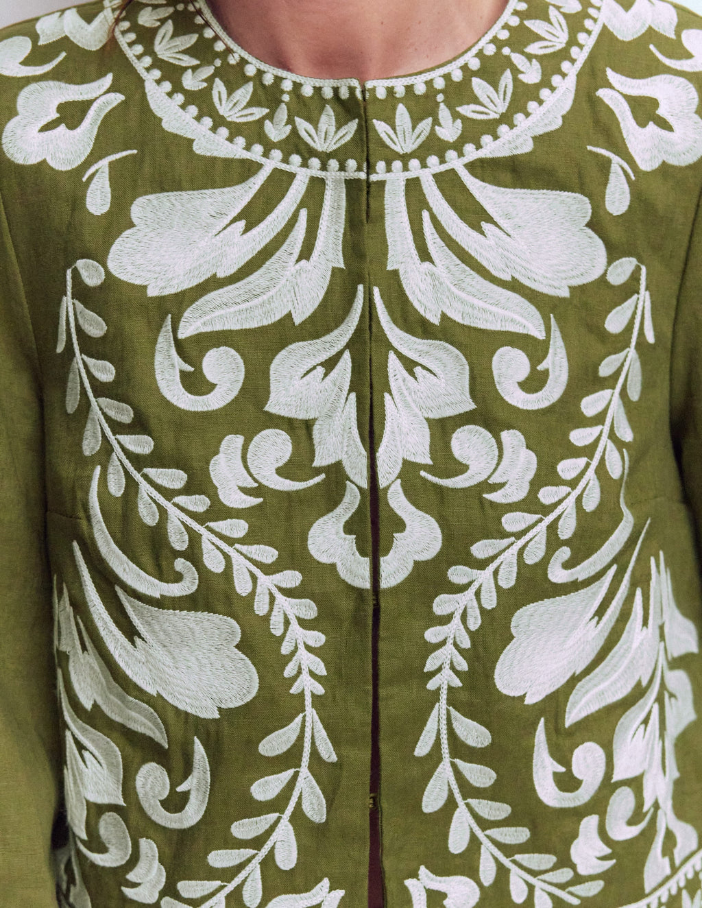 Embroidered Linen Jacket-Woodland Green