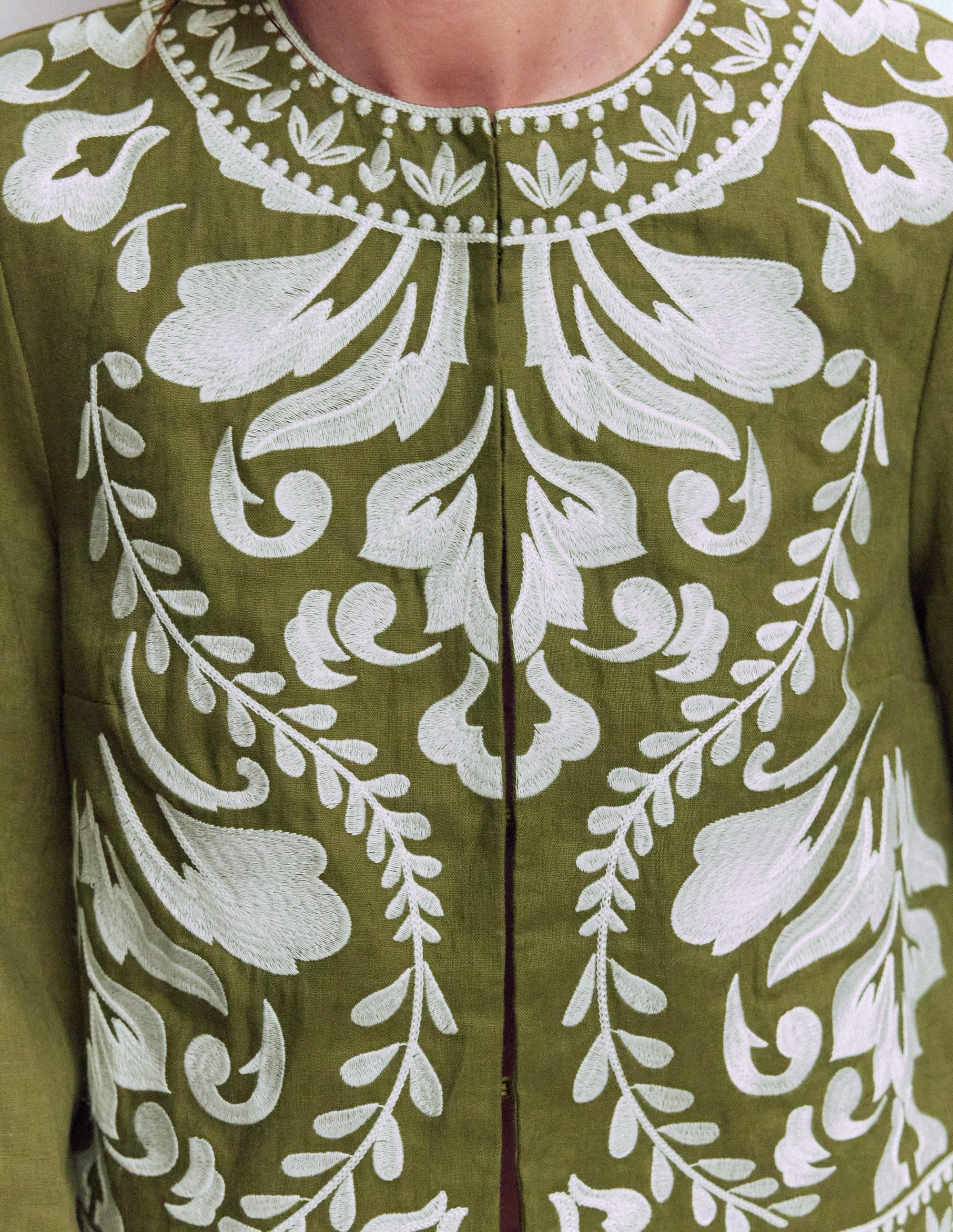 Embroidered Linen Jacket-Woodland Green