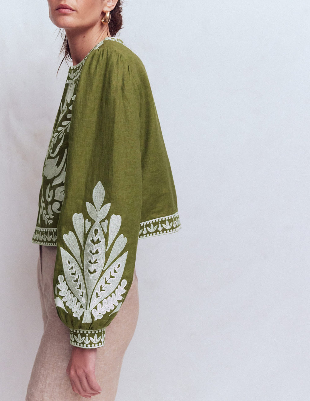 Embroidered Linen Jacket-Woodland Green