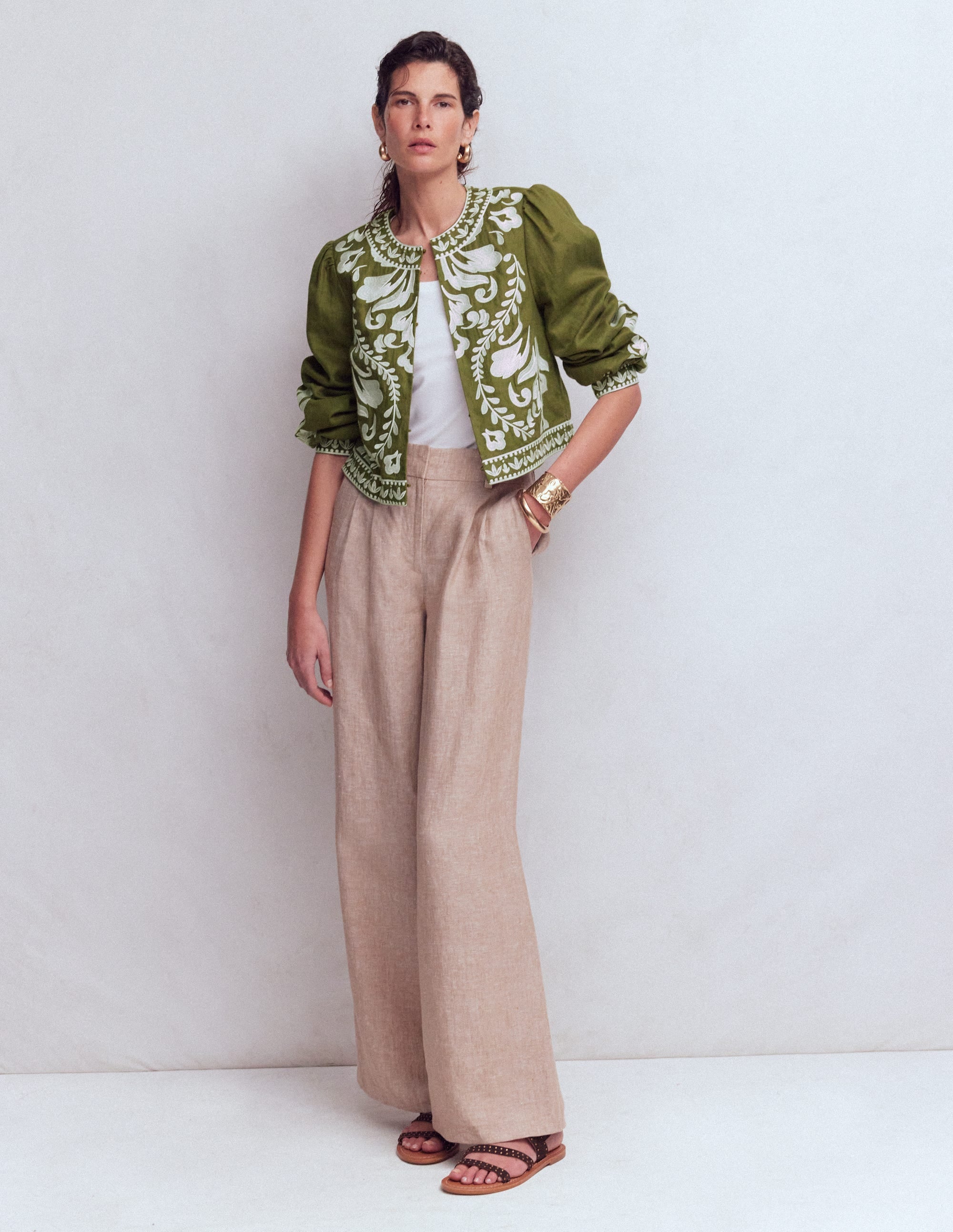 Embroidered Linen Jacket-Woodland Green