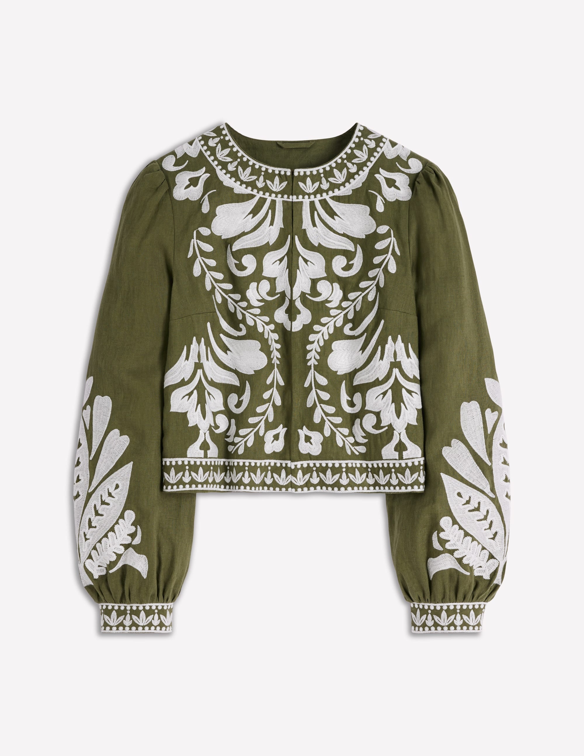 Embroidered Linen Jacket-Woodland Green