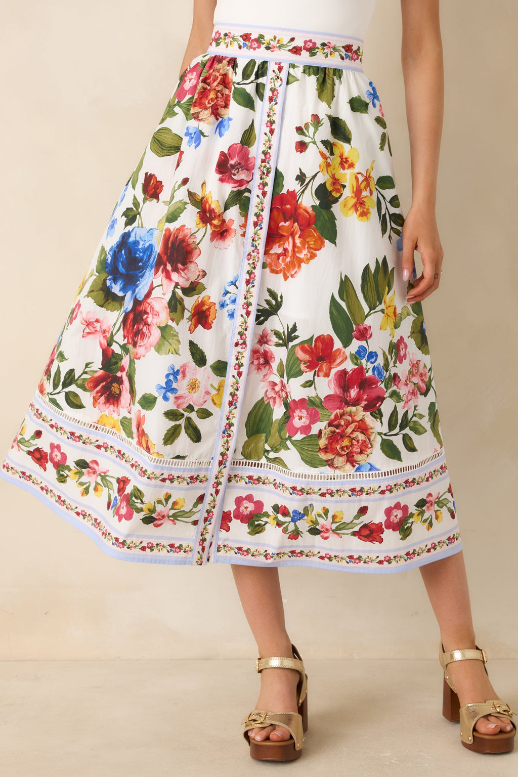 Painted Garden Ivory Multi Floral Cotton Midi Skirt