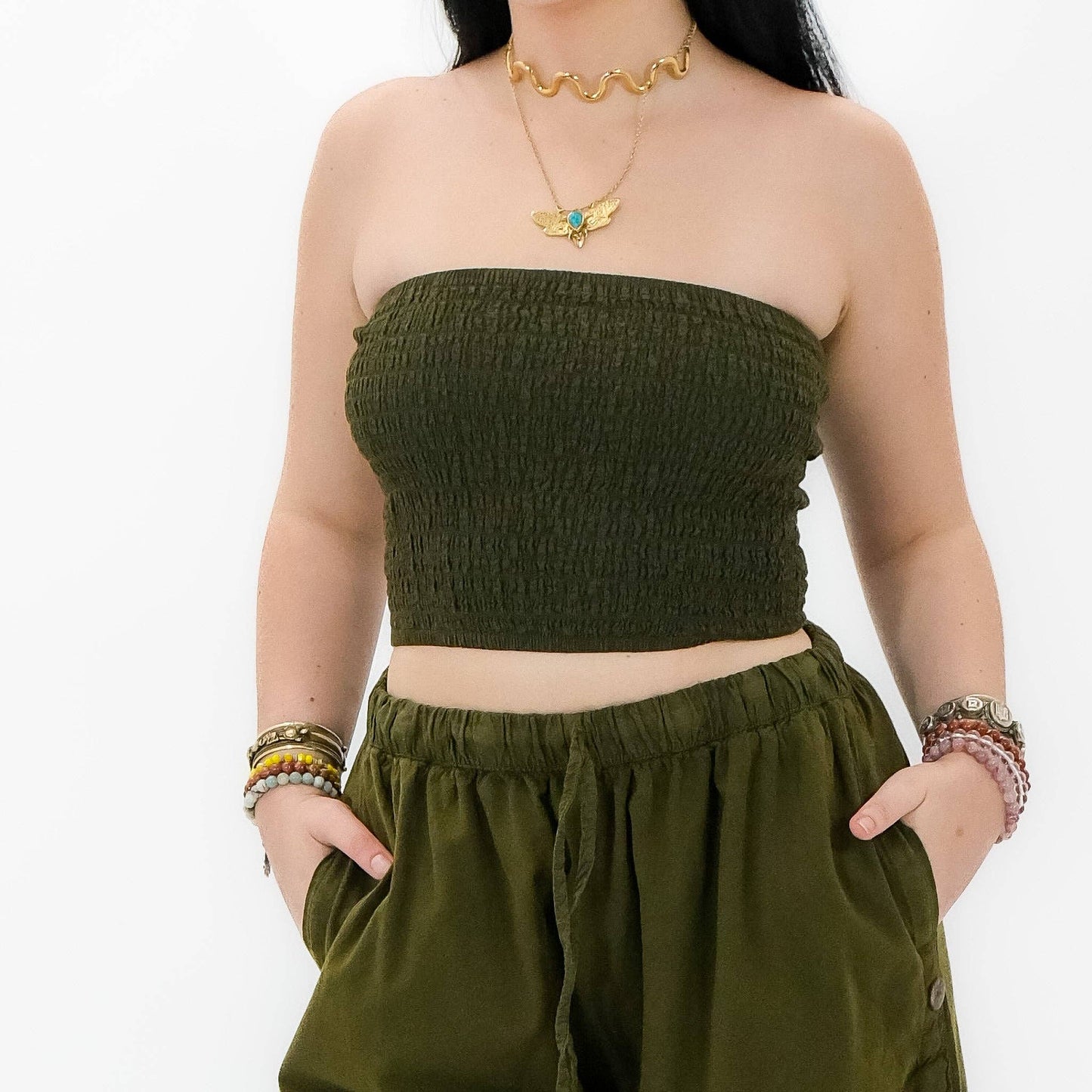 Smocked Bandeau Cotton Tube Top