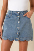 Bend the Rules Medium Wash Cotton Denim Scalloped Mini Skirt