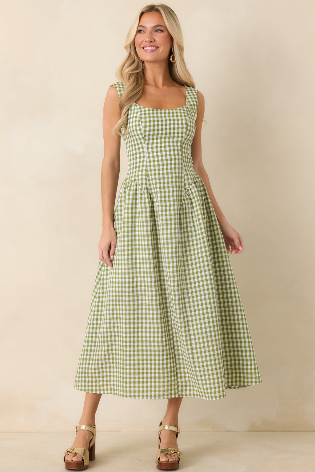 Talk Birdie to Me Green Gingham Sleeveless Maxi Dress