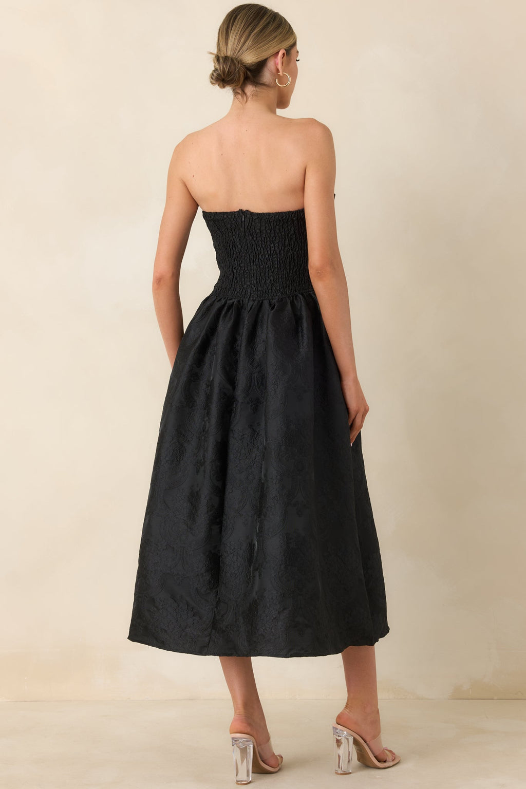 The Genevieve Black Jacquard Strapless Midi Dress