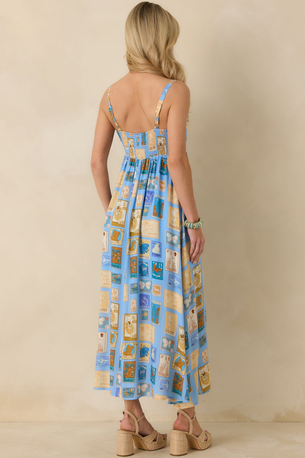 From Far & Away Blue Multi Vintage Stamp Print Midi Dress