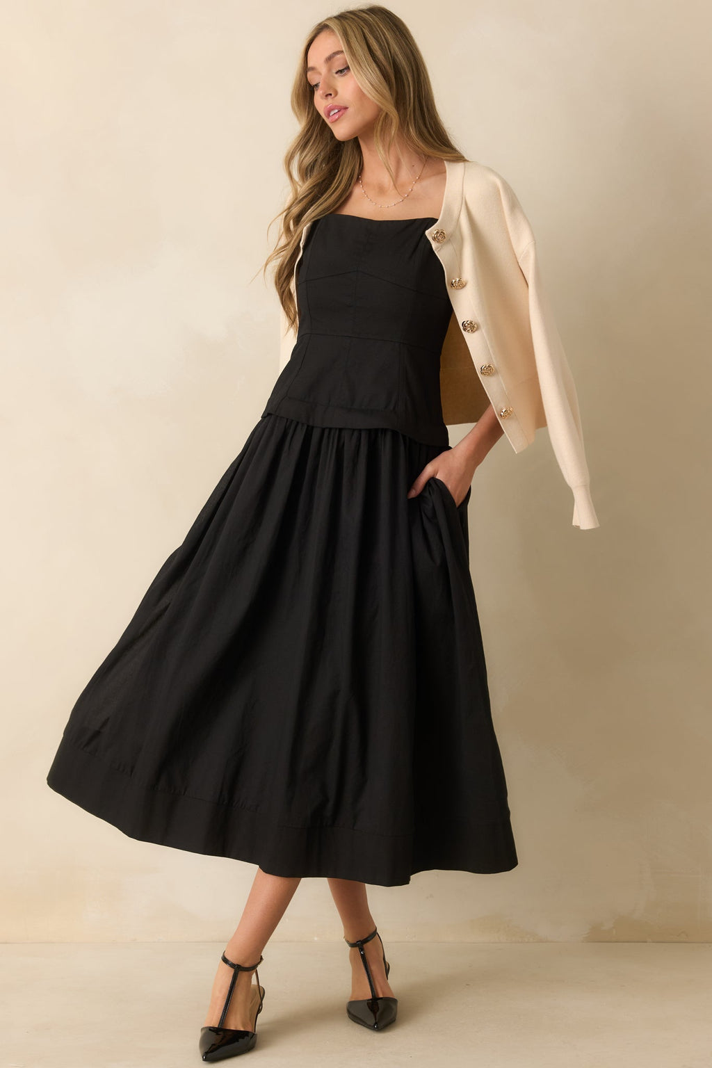 You Already Know Black Cotton Bustier Bodice Midi Dress