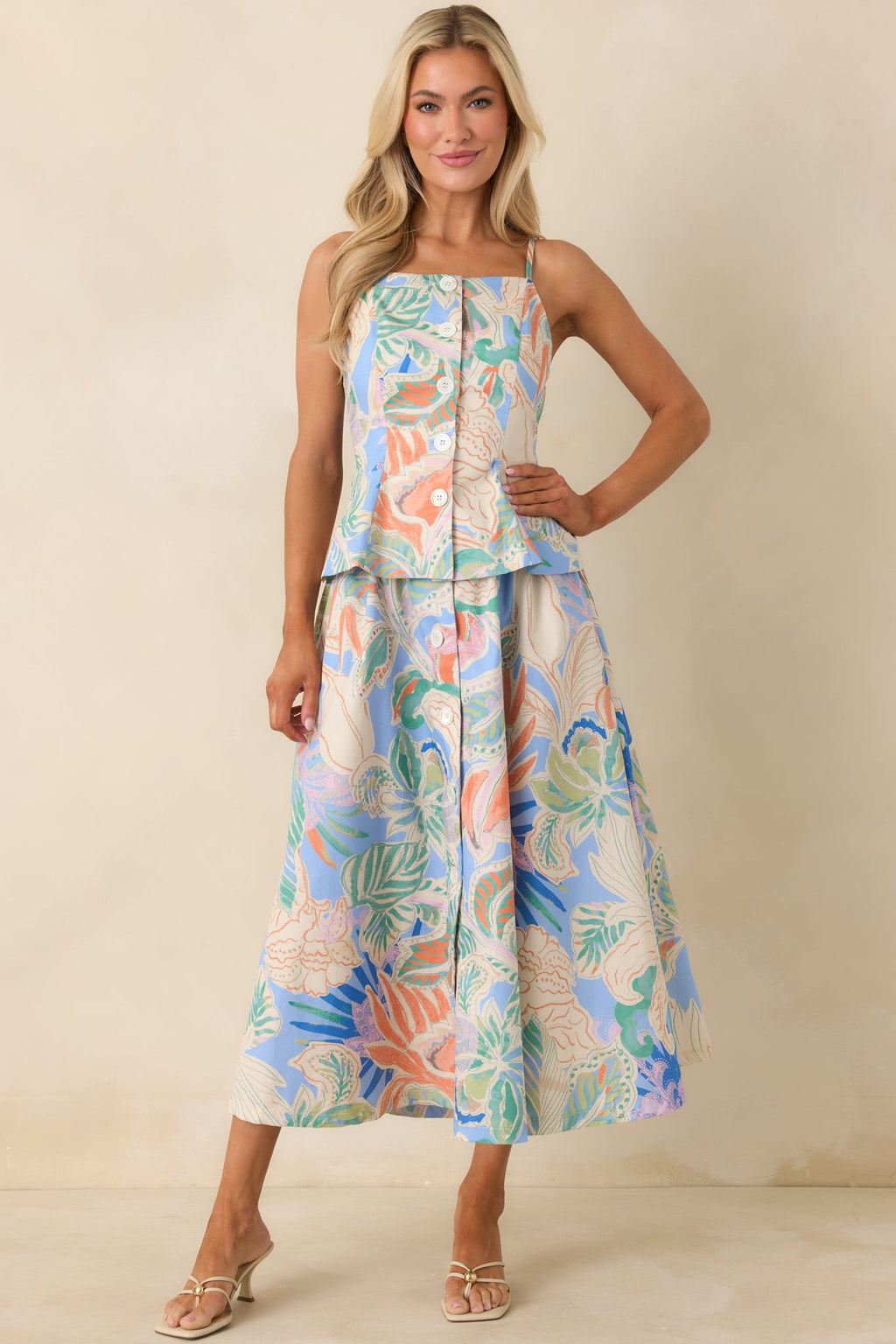 Summer Sketchbook Blue Multi Floral Button-Front Peplum Top