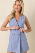 All In Line Blue Stripe Cotton Blend Double Breasted Romper