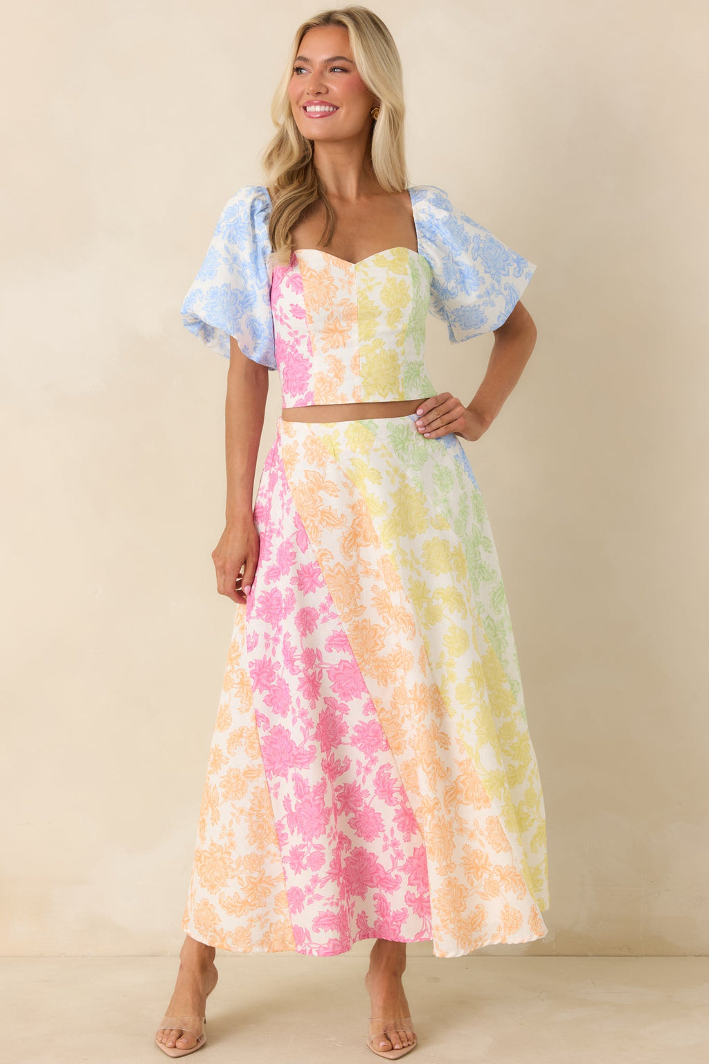 She’s a Rainbow Multi Floral Cotton Linen Midi Skirt