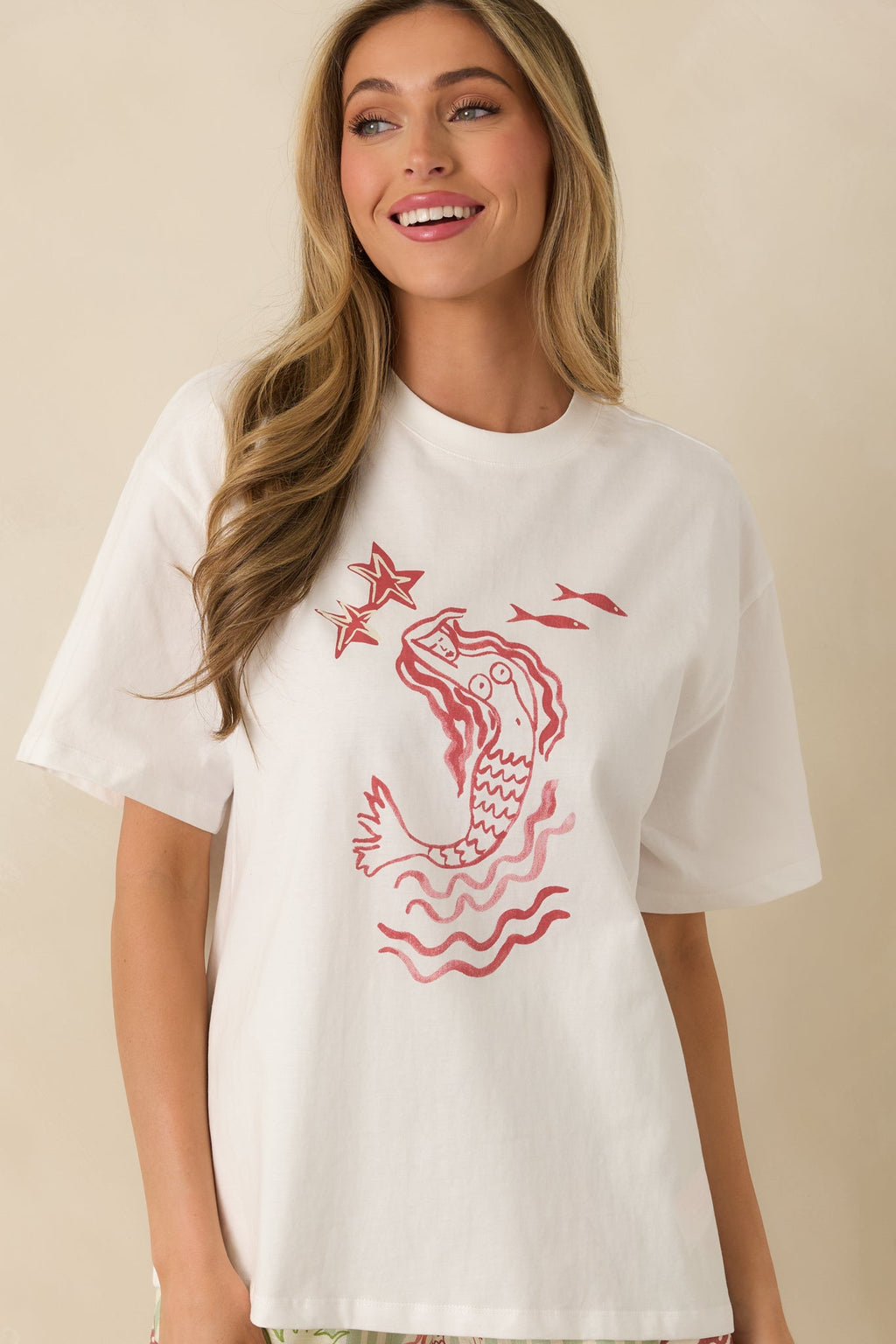 MINKPINK Soleil White Cotton Mermaid Print T-Shirt