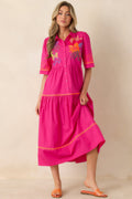 Island Glow Fuchsia Tropical Cotton Embroidered Tiered Midi Dress
