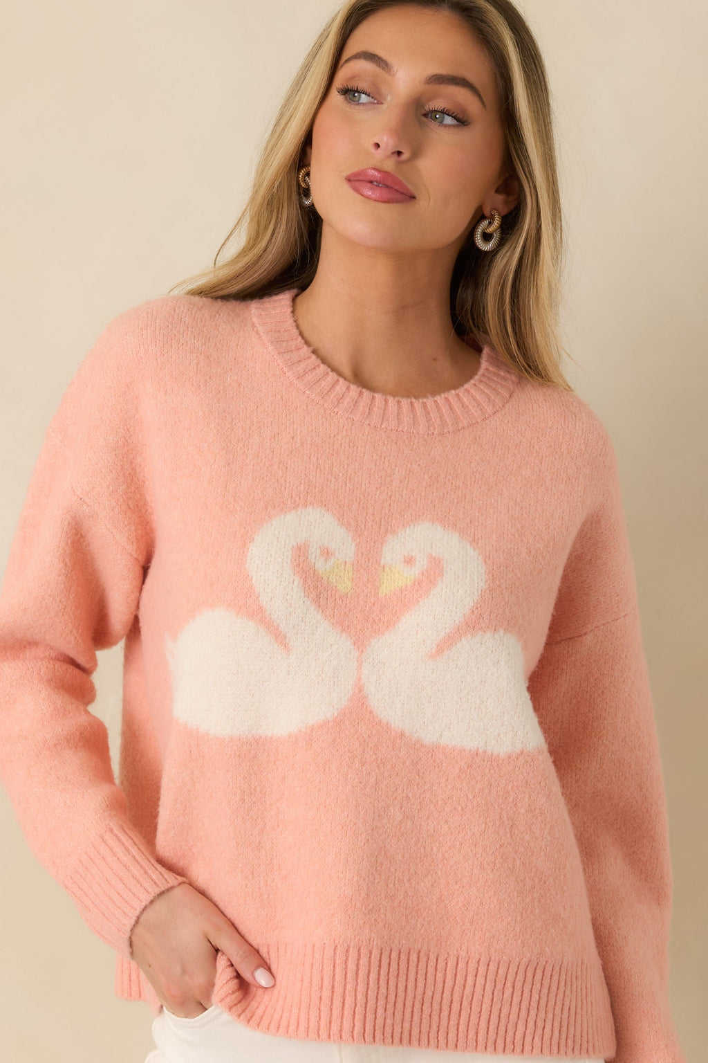 Love Birds Coral Orange Knit Swan Sweater