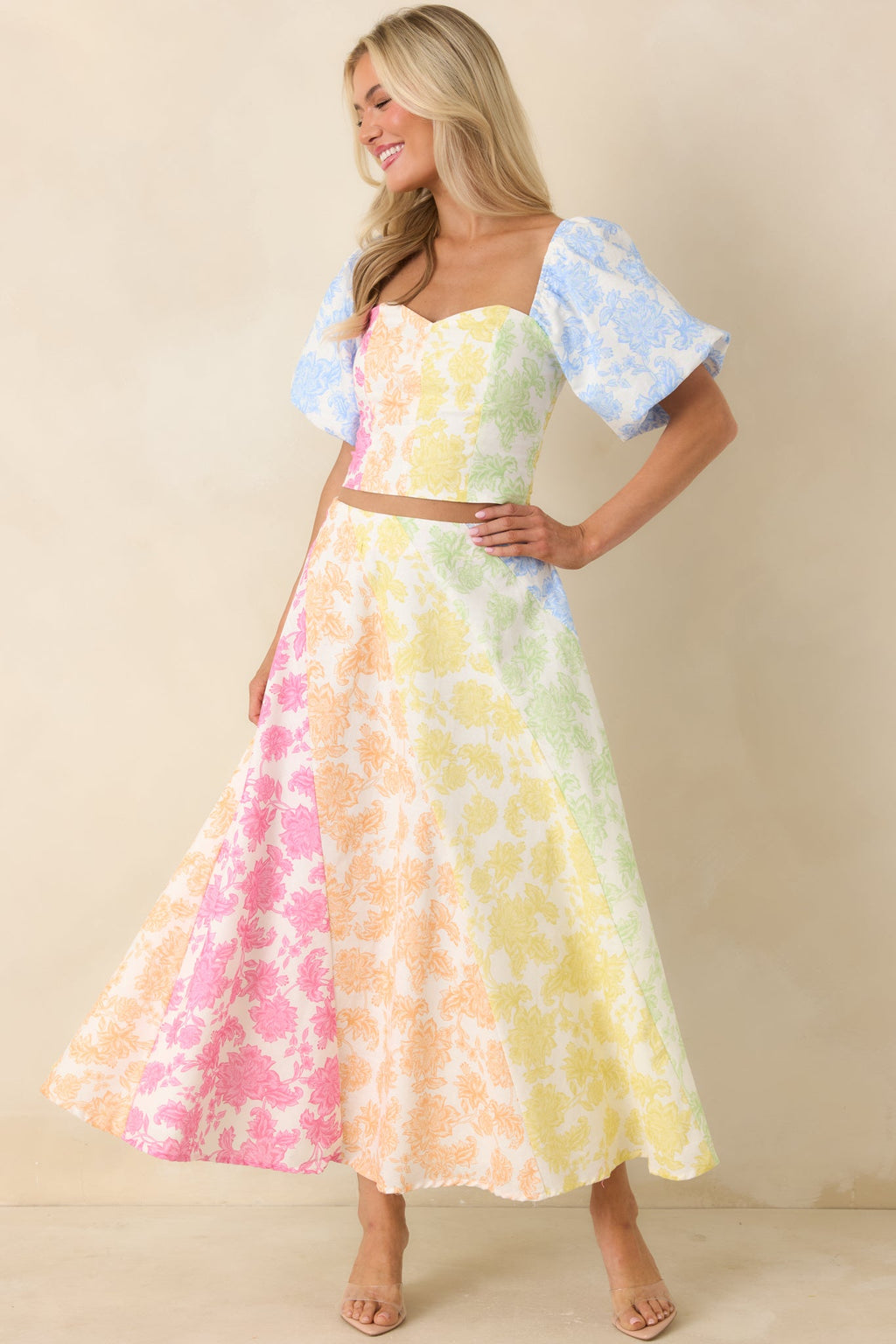 She’s a Rainbow Multi Floral Cotton Linen Midi Skirt