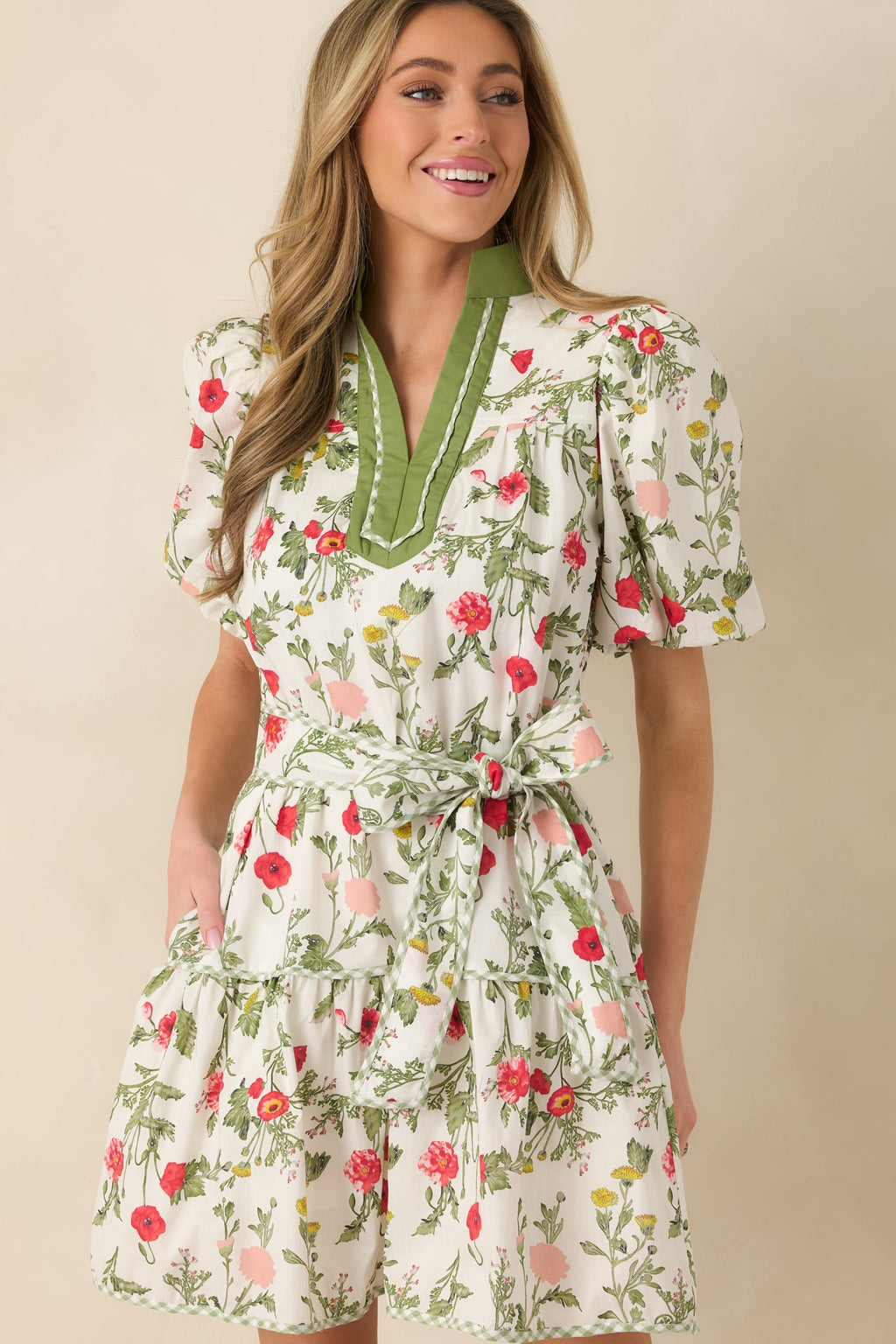 Taking A Chance Olive Green Floral Print Cotton Puff Sleeve Mini Dress