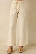 Refined Rhythm Beige Cotton Tie-Belt Wide Leg Pants