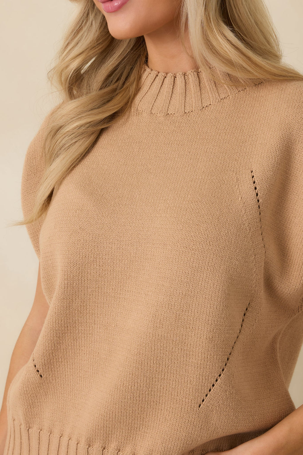 Easy to Adore Tan Knit Short Sleeve Mock Neck Sweater