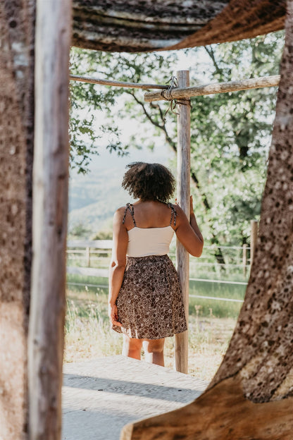 Minnie Top in Oat Modal with Brown Floral Straps