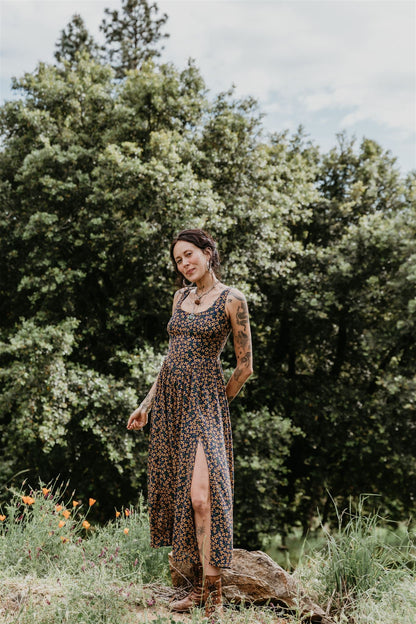 Long Agnes Dress in Blue & Brown Floral Crepe