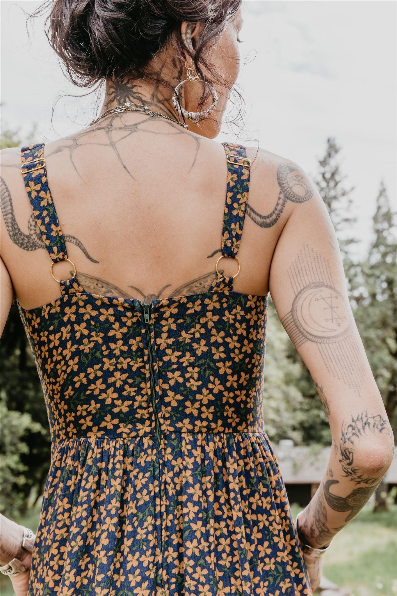 Long Agnes Dress in Blue & Brown Floral Crepe