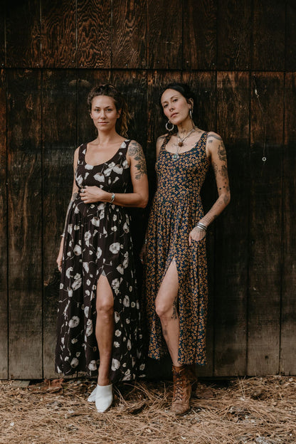 Long Agnes Dress in Blue & Brown Floral Crepe