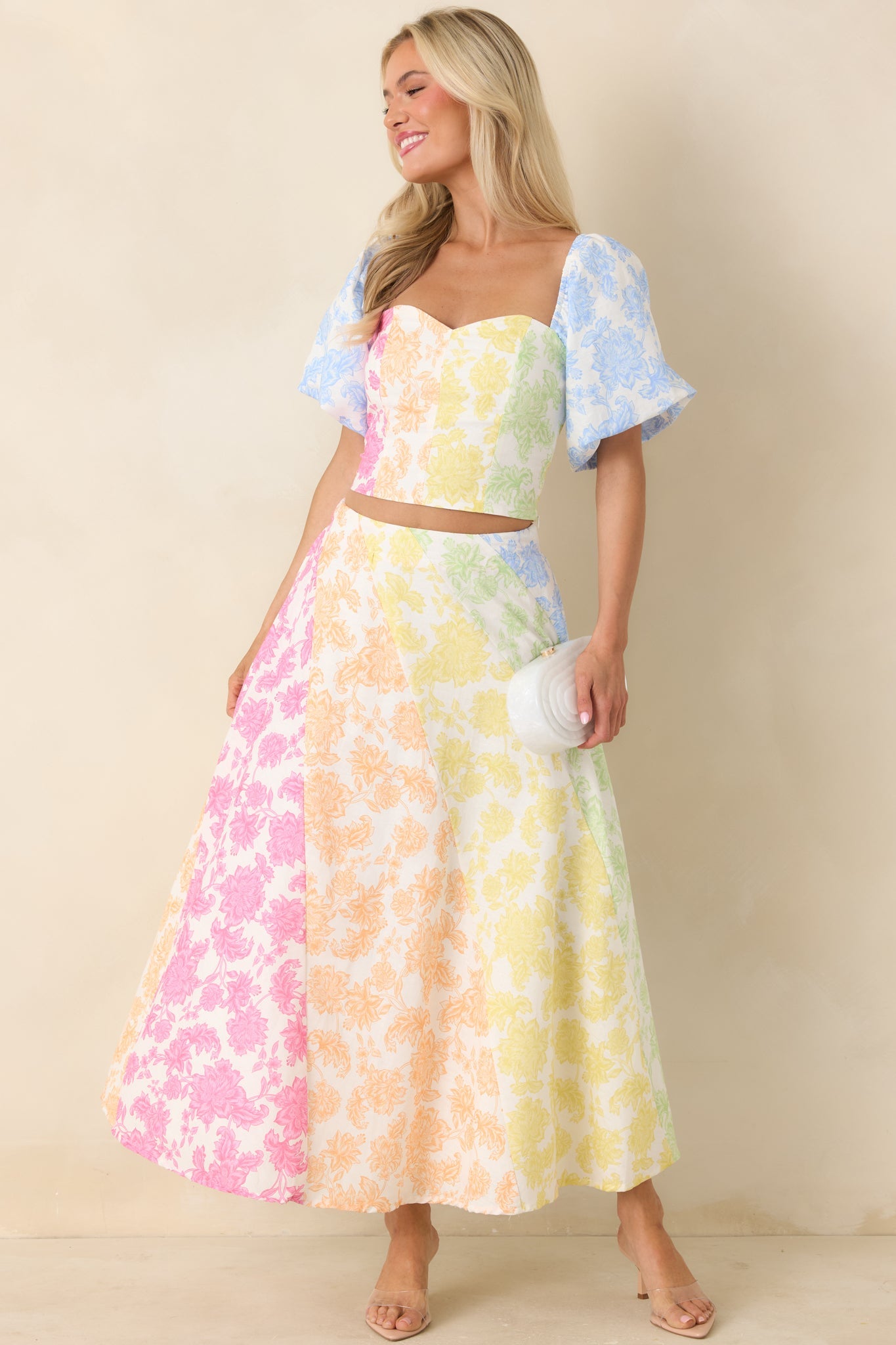 She’s a Rainbow Multi Floral Cotton Linen Midi Skirt