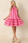 Made for Fireworks Red & Pink Stripe Cotton Halter Tiered Mini Dress
