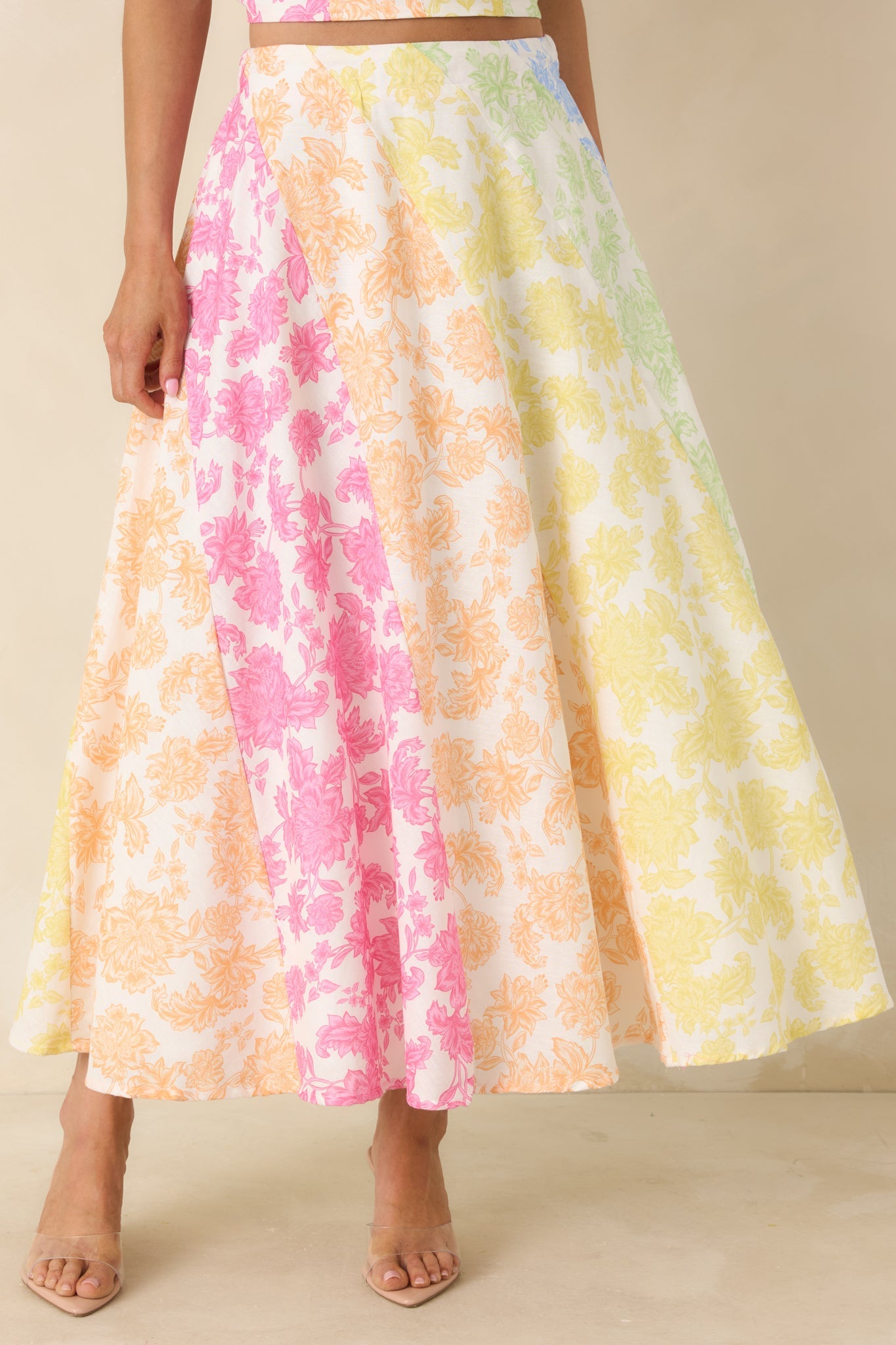 She’s a Rainbow Multi Floral Cotton Linen Midi Skirt