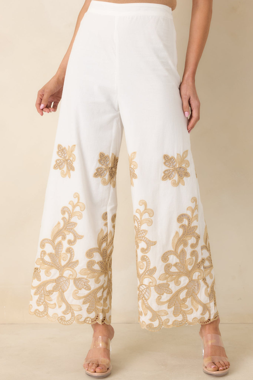 Kiss Me in Champagne Ivory Cotton Lace Applique Wide Leg Pants