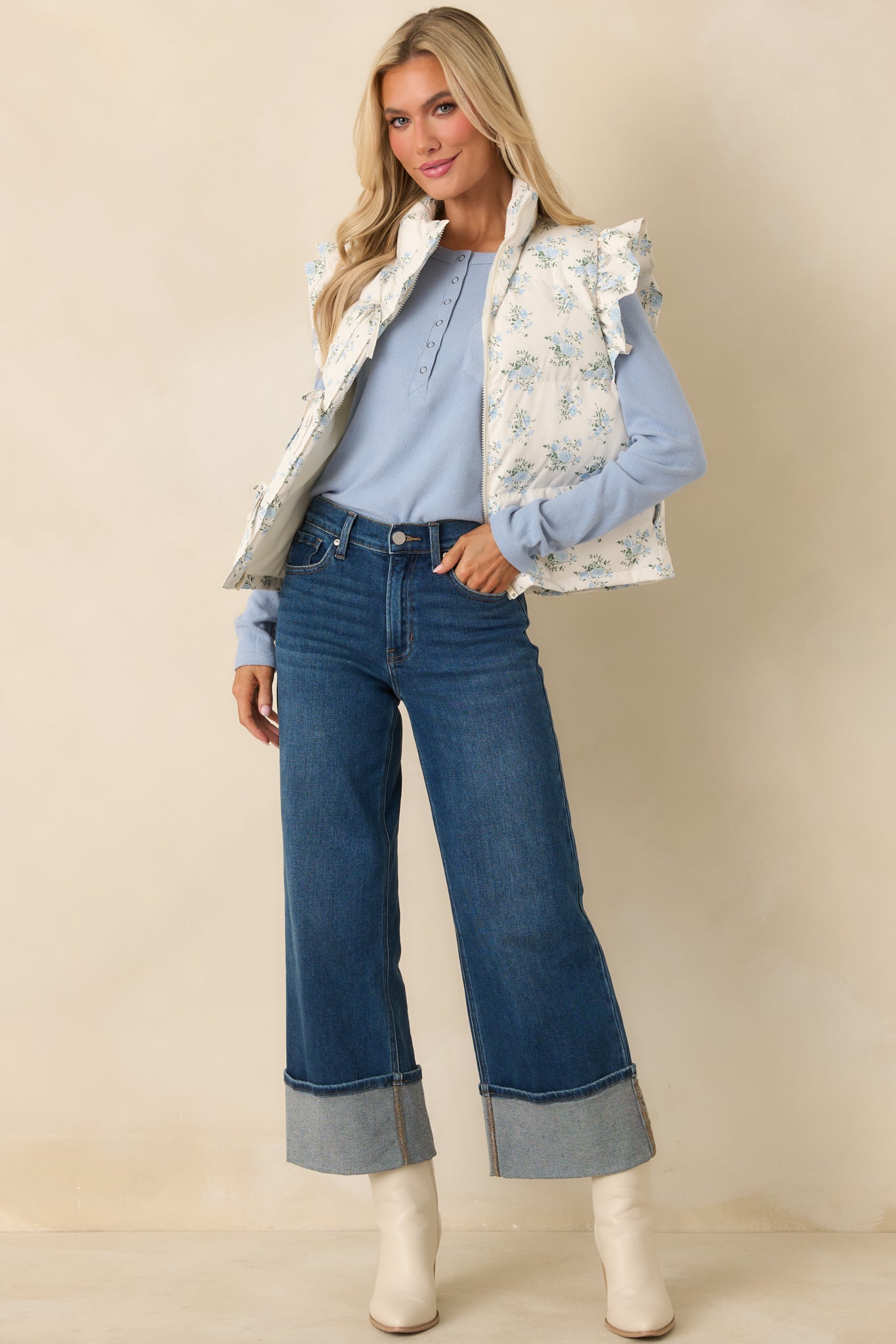 Glad You’re Here Ivory Multi Floral Pattern Puffer Vest