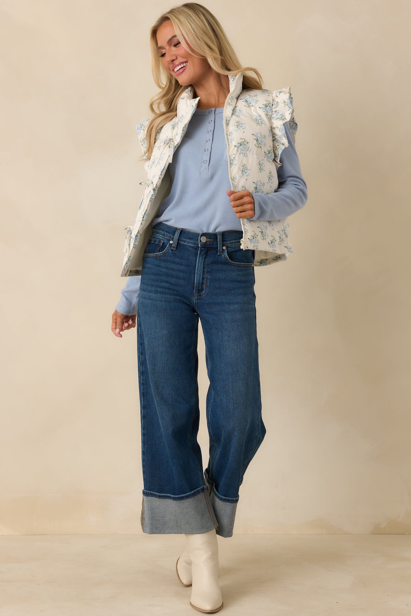 Glad You’re Here Ivory Multi Floral Pattern Puffer Vest
