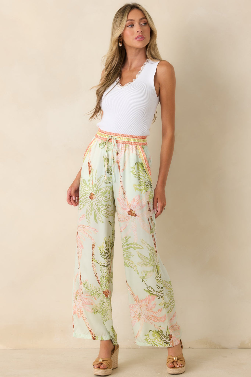 Palm Breeze Seafoam Green Palm Print Drawstring Pants