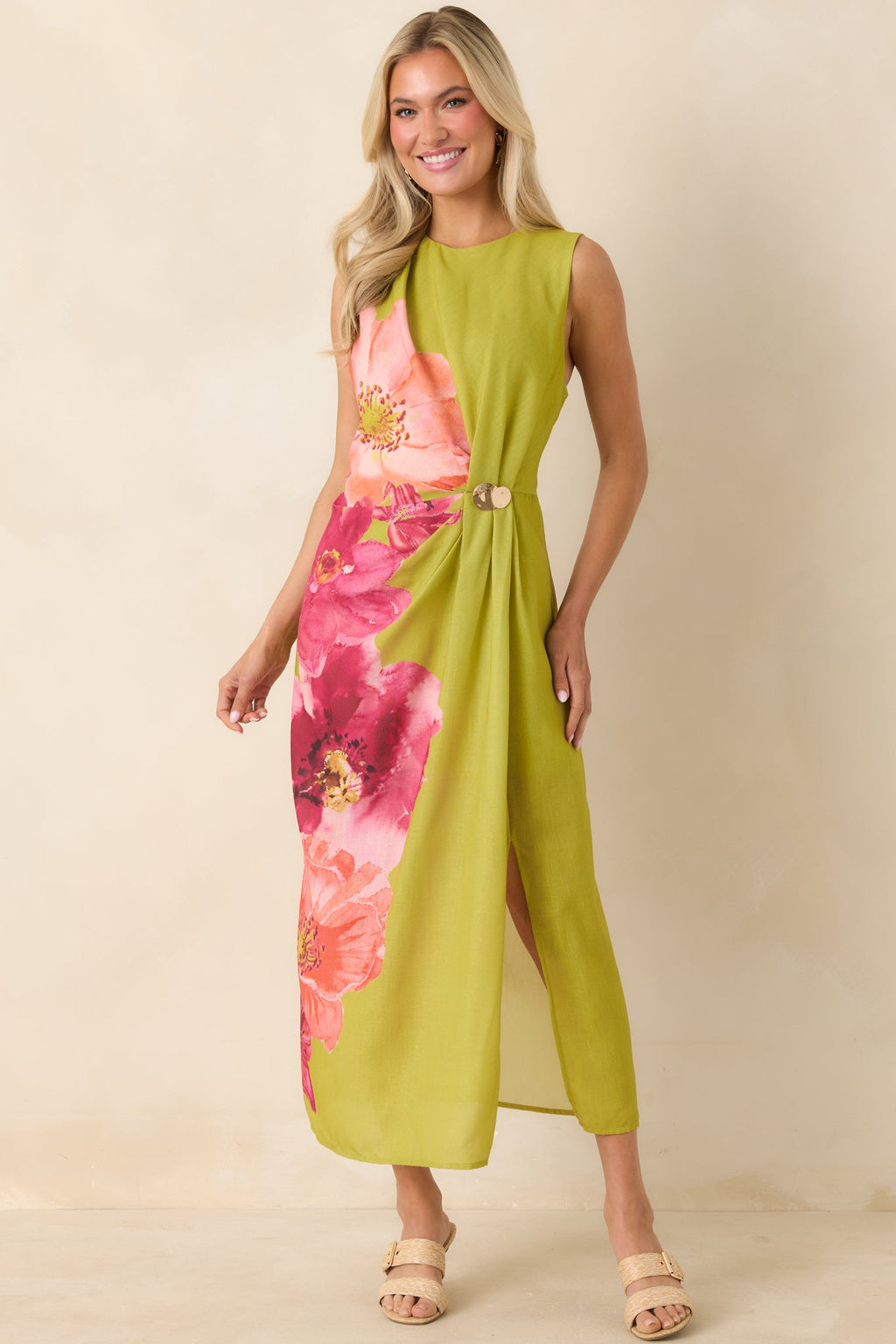 Do a Double Take Chartreuse Multi Floral Print Midi Dress