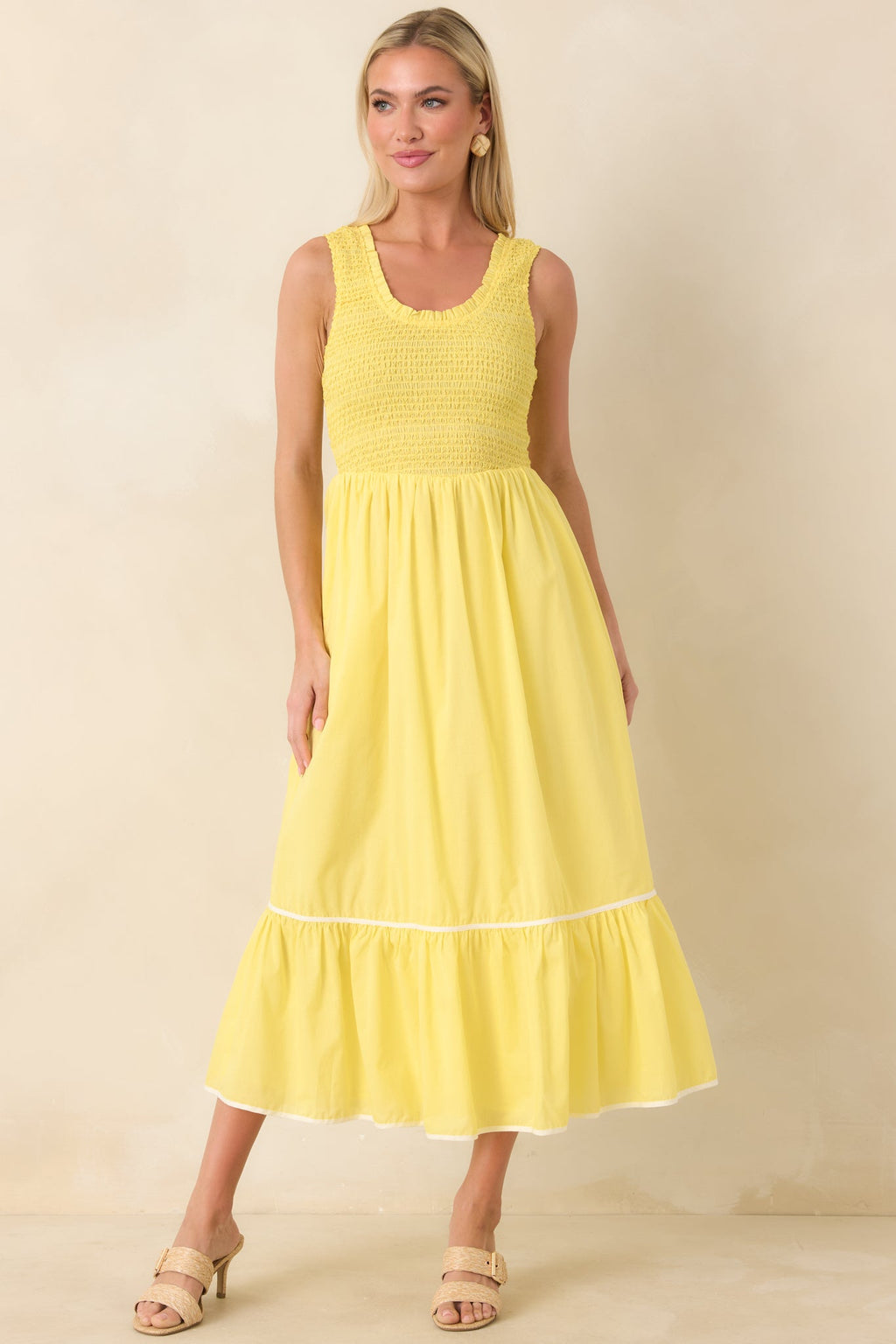 Today’s the Day Yellow Textured Cotton Tiered Midi Dress