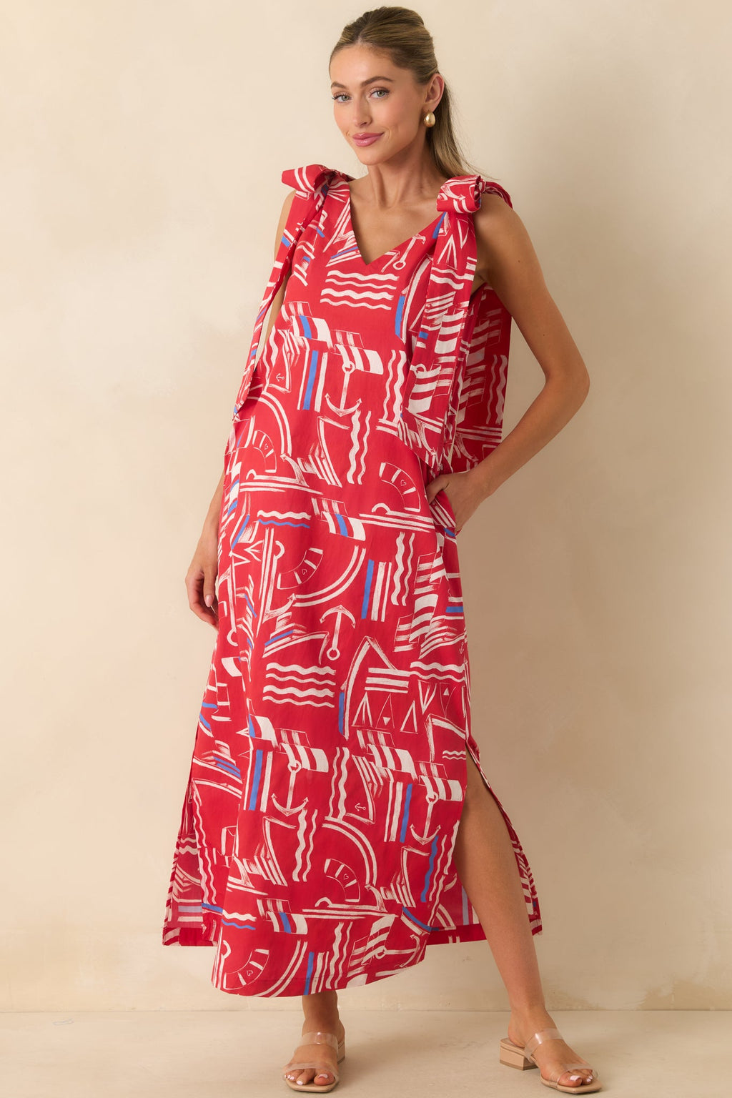 Prosperina Arden Red Multi Yacht Club Cotton Maxi Dress