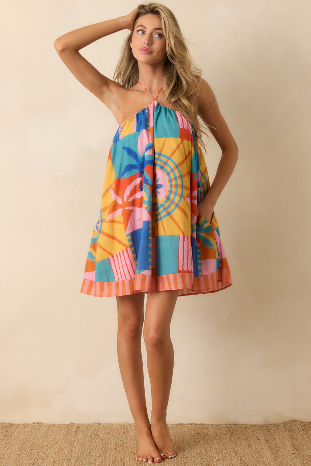 Paradisa Ithica Multi Tropical Mosaic Cotton Halter Swing Mini Dress