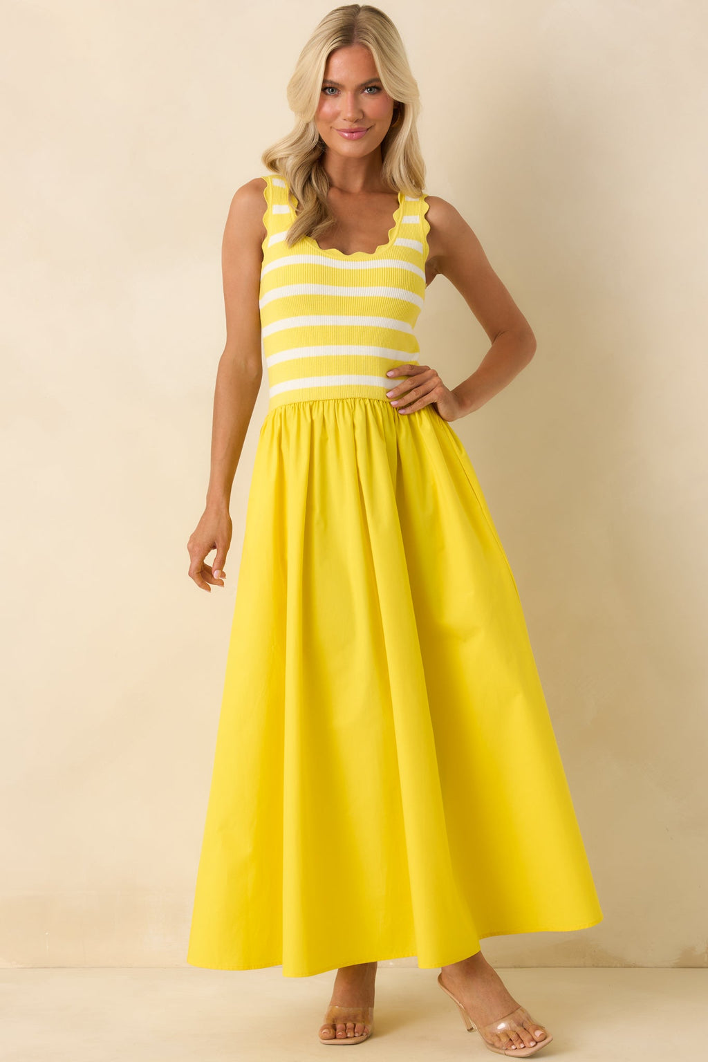 Prosperina Greer Sunshine Yellow Stripe Cotton Midi Dress